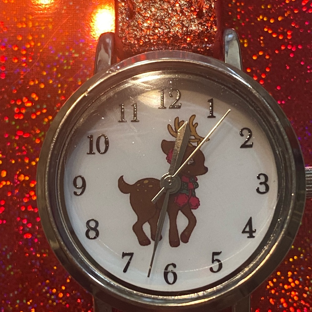 Vintage Kim Roger’s Reindeer Watch with Red Glitter Strap New